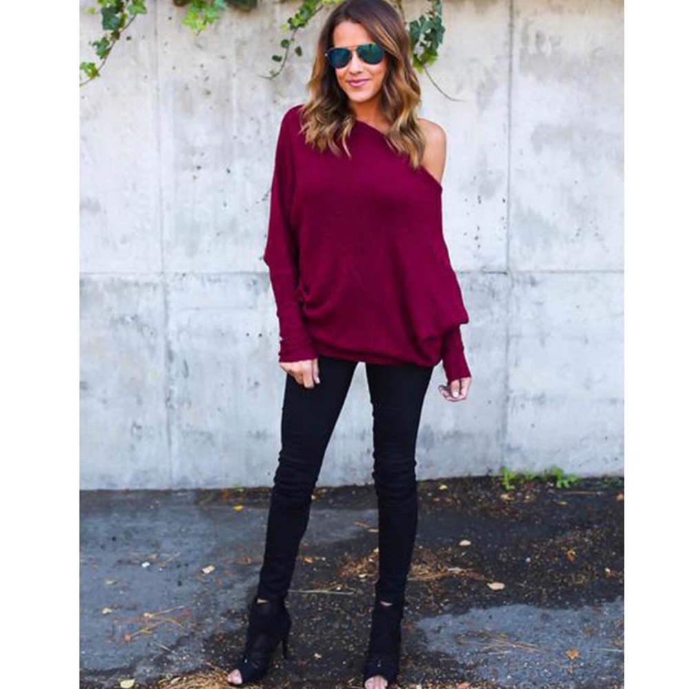 ✨Off The Shoulder Ribbed Burgundy Sweater✨ - Picture 2 of 3